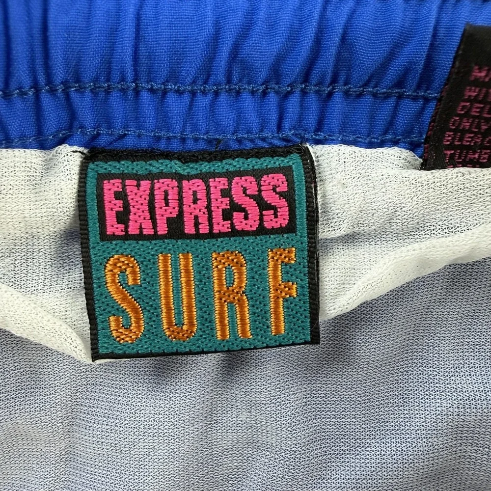 Vintage Express Surf Swim Shorts Mens XL Blue Teal Colorblock Mesh Lined Trunks